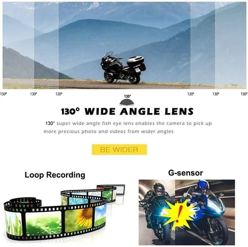 Vista 5 de VSYSTO Cámara WiFi para salpicadero de motocicleta, 2 canales, lente gran angular de 130°, visión nocturna frontal y trasera HD 1080P, sistema DVR