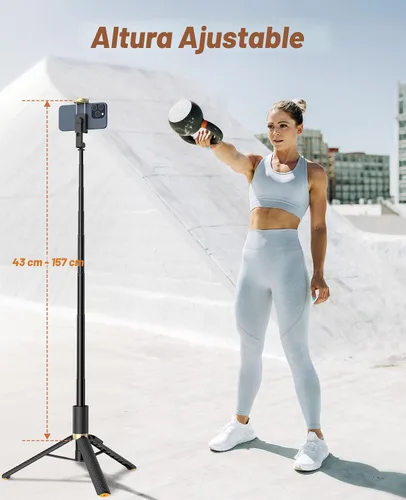 Vista 2 de Vimose Trípode para teléfono y selfie stick con control remoto, portátil, ligero para grabación de video y vlog, trípode extensible para viajes Negro