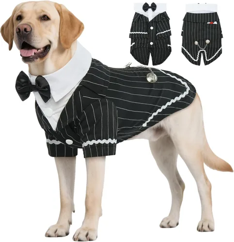 Vista 12 de DENTRUN - Traje de esmoquin para perro con corbatín - Camisa formal de disfraz para mascotas a rayas en negro y blanco, elegante atuendo de boda