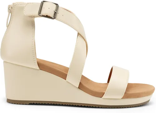 Vista 5 de Dream Pairs - Sandalias con plataforma de cuña para mujer, con punta abierta y correa para el tobillo con hebilla, para el verano Beige
