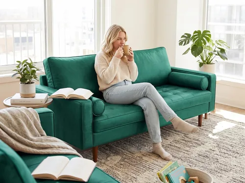 Vista 27 de Container Furniture - Sofá de piel sintética para la sala de estar moderna con cojines extraíbles y patas de madera maciza, sofá estilo lujoso