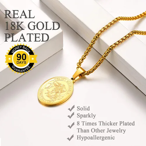Vista 5 de U7 St. Michael Necklaces, Men Women Stainless Steel 18K Gold Plated Biblical Archangel Jewelry Patron Saint Michael Necklaces RoundOvalShield Medal