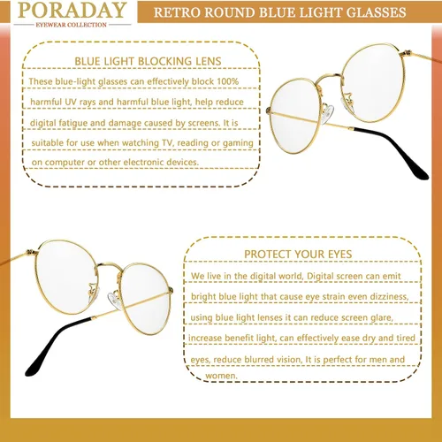 Vista 5 de PORADAY Lentes de bloqueo de luz azul para mujeres y hombres, marco de lentes de metal redondo retro 100% anti-luz azul