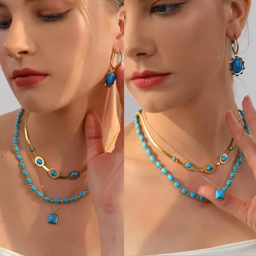 Vista 6 de Fannifen - Collares para mujer, cadena de espiga turquesa chapada en oro de 18 quilates, colgante ajustable para mujer, collar para niñas