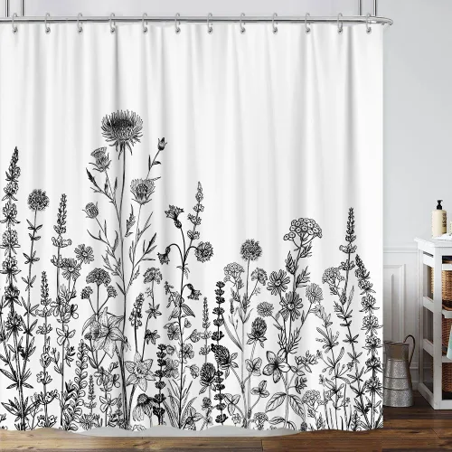 Vista 27 de Cortina de ducha de mariposa floral negra y dorada, cortina de ducha bohemia con diseño botánico de flores oscuras para baño con gancho, juego