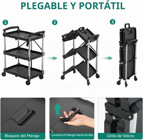 Vista 2 de YITAHOME - Carrito utilitario plegable de 3 niveles con ruedas (2 frenos), 240 libras