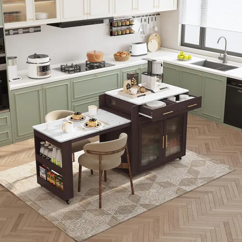 Vista 3 de HLR Isla de cocina extensible de 72 pulgadas con almacenamiento, mesa de isla con ruedas con encimera de grano de mármol y toma de corriente Marrón