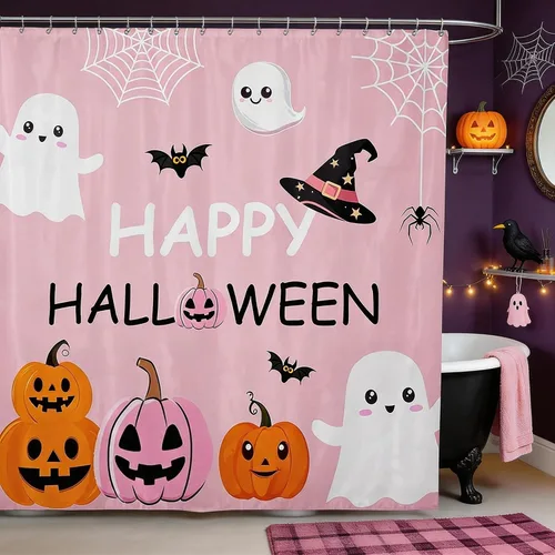 Vista 14 de Happy Halloween Shower Curtain,Bowknot Snowflake Pattern Bathroom Curtains,Sweet Ghost Holiday Theme Waterproof Bath Curtain,Black Bathroom Curtains