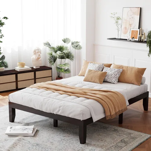 Vista 14 de Giantex Marco de Cama de Plataforma de Madera Individual de 14 Pulgadas, Base de Colchón Minimalista con Madera de Caucho Sólida, Soporte