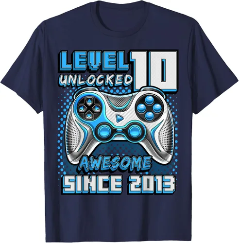 Vista 64 de Level 10 Unlocked Awesome 2013 Video Game 10th Birthday Boy T-Shirt, Negro