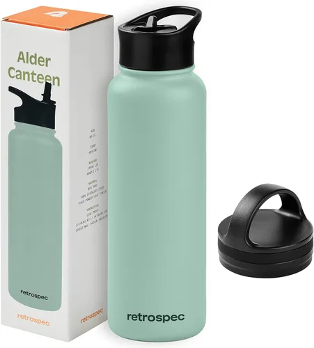 Vista 10 de Retrospec Botella de agua aislada de aliso con tapa de popote y tapa de asa, termo de acero inoxidable con boca ancha de doble pared aislada al