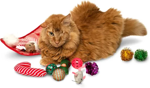 Vista 5 de Midlee Juego de regalo de juguete para gatos con calcetines navideños (14 juguetes) - Bastones de caramelo, campanas, ratones y gatitos