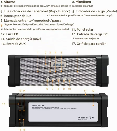 Vista 7 de Altavoz solar Bluetooth, IPX7, impermeable, portátil, de 20 W, con 27 luces LED, batería de 5000 mAh, micrófono, tarjeta TF, para ducha al aire