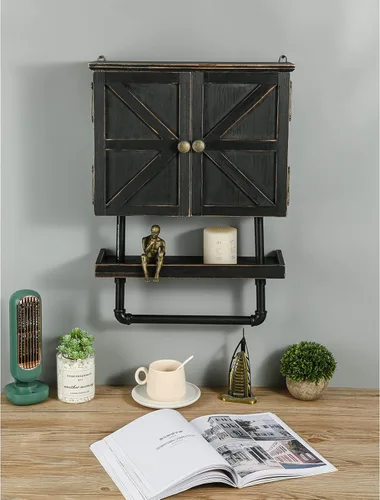 Vista 4 de Armario de almacenamiento sobre inodoro de 23.1 x 16.9 pulgadas, gabinete de baño con estante de pared ajustable y toallero, puertas dobles, Negro