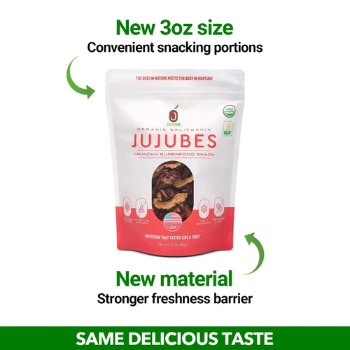 Vista 3 de Producto orgánico de azufaifo puro cultivado en California USDA JUJUME Crisps Chips de azufaifo dulce Cero azúcar añadido o conservantes