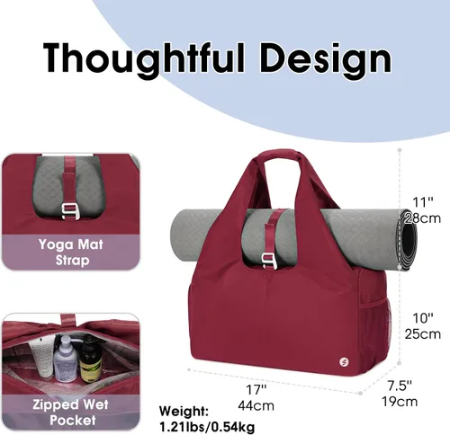 Vista 2 de Bolsa de gimnasio para mujer con compartimento para zapatos y bolsillo húmedo con soporte ajustable para esterilla de yoga