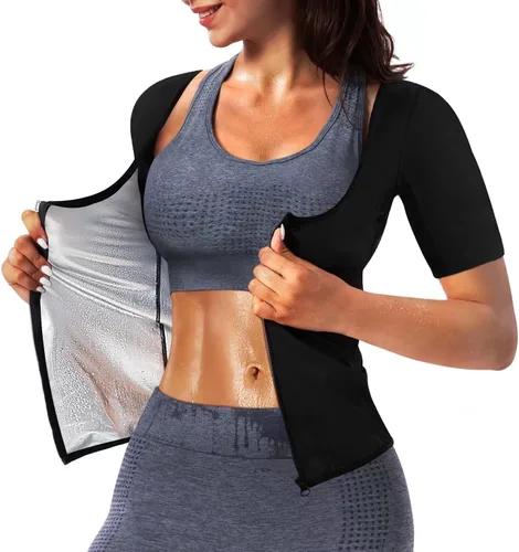 Vista 7 de Chaleco de sauna para mujer, camiseta sin mangas, con cremallera, de compresión, para entrenamiento de cintura