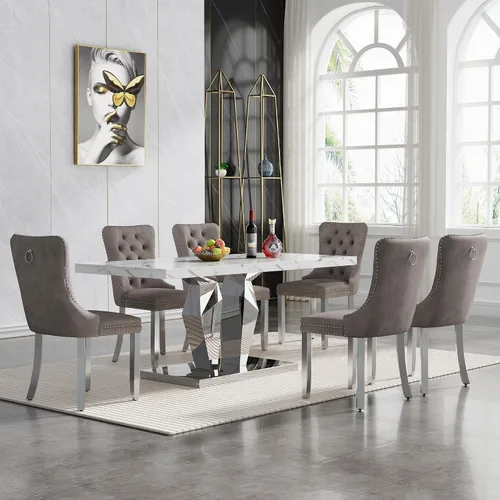 Vista 17 de Juego de 5 mesas de comedor de mármol sintético, juego de mesa de cocina y comedor para 4, mesa de comedor rectangular blanca de 70 pulgadas