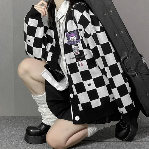 Vista 7 de Suéter Kawaii de anime a cuadros para mujer disfraz de cosplay con cuello en V manga larga