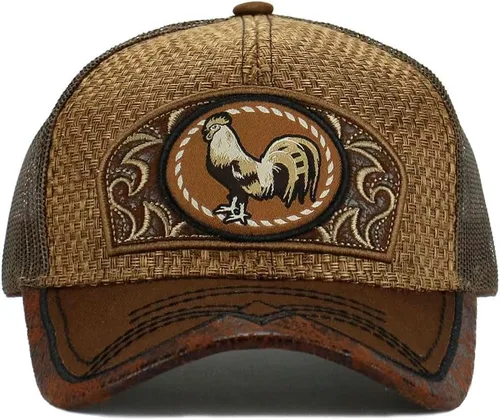 Vista 2 de Gorra de béisbol curvada de malla de camionero bordada estilo occidental de México con diseño de gallo
