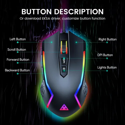 Vista 3 de EKSA Mouse para juegos mouse ergonómico con cable con 7 botones programables retroiluminación Chroma RGB 6 y ajustable 8000 DPI para jugadores de PC
