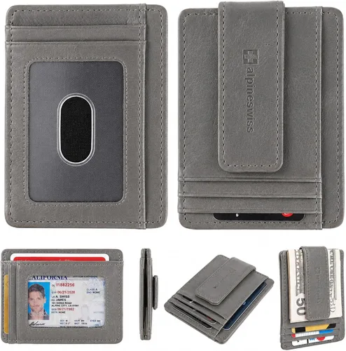 Vista 13 de Alpine Swiss Harper - Billetera delgada con clip para dinero, bolsillo frontal, RFID, de cuero, minimalista, para hombre, con soporte para tarjeta