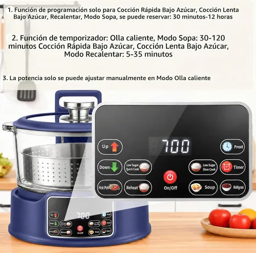 Vista 6 de Arrocera baja en azúcar 3L – Cocina multifuncional de arroz baja en carbohidratos r con cesta de elevación automática, preajuste y temporizador Azul