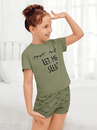 Vista 5 de Kingdenergy Conjunto de 2 piezas de camiseta y pantalón corto para niñas Verde militar