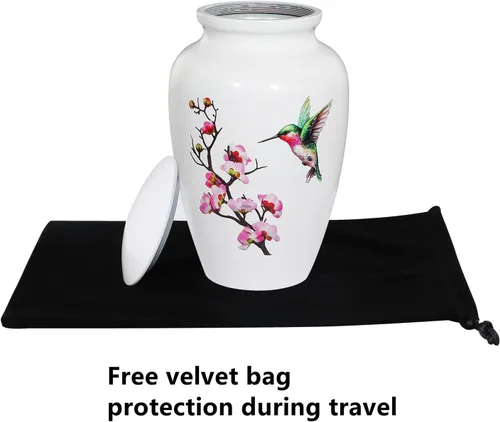 Vista 6 de Urna de cremación de colibrí para cenizas adultas, urna funeraria blanca, urna decorativa grande con bolsa de terciopelo, capacidad de hasta 200