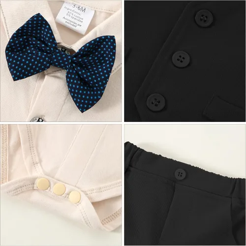 Vista 4 de DISAUR Ropa para bebé niño pequeño, 4 piezas, vestido de caballero, chaleco, pantalones, corbatín, conjuntos de traje de algodón
