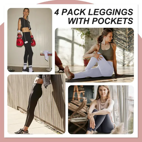 Vista 4 de NexiEpoch Paquete de 4 leggings para mujer con bolsillos, cintura alta, control de abdomen para entrenamiento, correr, yoga, talla regular y grande