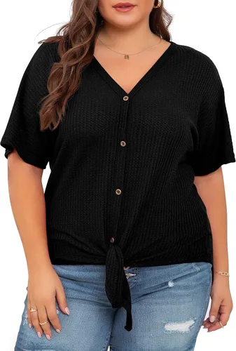 Vista 5 de OLRIK Blusa de manga corta con cuello en V para mujer, de punto gofre, con lazo frontal y botones