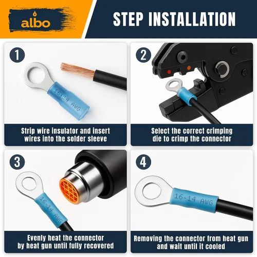 Vista 3 de ALBO Kit de terminales de anillo termorretráctil azul #10 de 250 piezas - Surtido de conectores de terminales de cable de 16-14 AWG, conectores