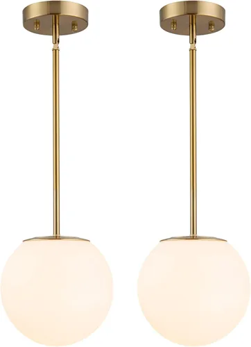 Vista 10 de Lámpara colgante moderna de mediados de siglo, globo dorado claro con pantalla de vidrio blanco, acabado de latón cepillado, altura ajustable