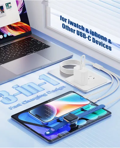 Vista 2 de Cargador para Apple Watch de carga rápida, cable de carga múltiple 3 en 1 con cargador USB C de 20 W, cable de carga iWatch de 3 pies para iWatch