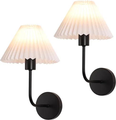 Vista 12 de Juego de 2 apliques de pared de latón cepillado con pantalla plisada blanca, lámpara de pared dorada de cuello de cisne para interiores, tocador