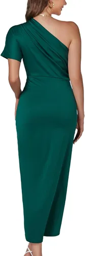 Vista 2 de LYANER Vestido midi de manga corta para mujer, con un hombro descubierto, fruncido, con abertura, abertura en la parte delantera