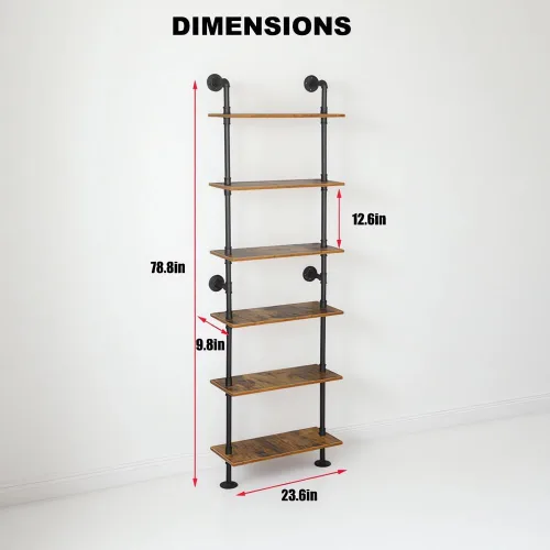 Vista 3 de Estantería Industrial de 5 estantes con tubos, estantería moderna y negra, estante de escalera para montaje en pared con marco de metal