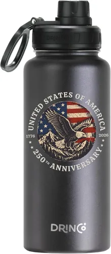 Vista 9 de DRINCO Botella de agua de acero inoxidable con tapa de boquilla, aislada al vacío, botella de agua de doble pared, bandera de Estados Unidos 30oz US
