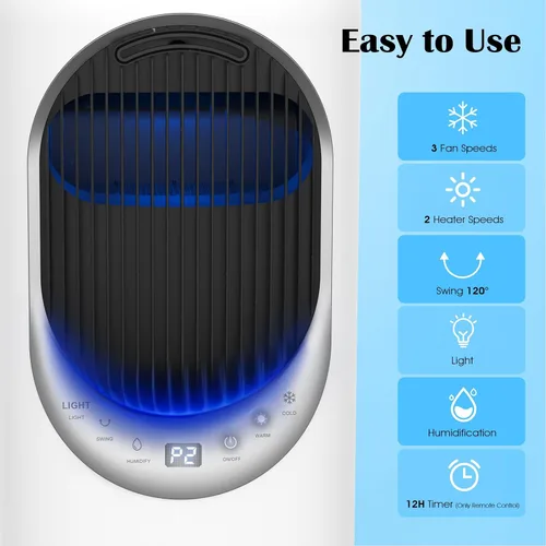 Vista 7 de Combo de ventilador de torre y calentador 4 en 1 con humidificación, calentador de espacio de 1800 W para uso en interiores, oscilación de 120°, 2