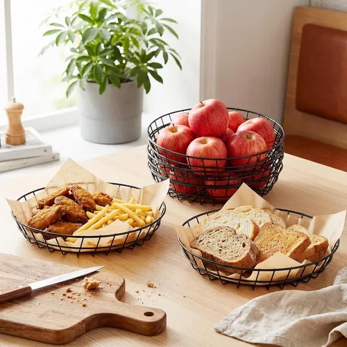 Vista 4 de Tioncy 6 cestas de alambre de metal ovaladas cromadas de 9.5 x 6.2 x 2.2 pulgadas para servir pan, contenedor decorativo para sándwiches, cesta