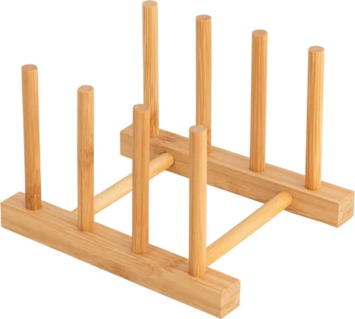 Vista 10 de HBlife - Escurreplatos de madera de acacia con organizador de tapa de olla y plato para gabinete, soporte de tabla de cortar, esculpidor
