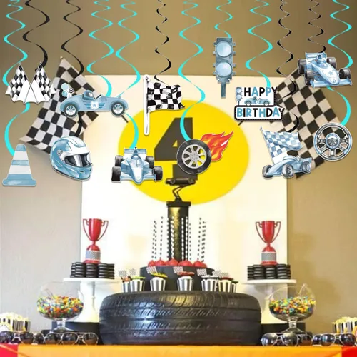 Vista 5 de Remolinos colgantes de cumpleaños de coche de carreras, 20 unidades, decoración de fiesta de autos de carreras, banderas a cuadros, serpentinas