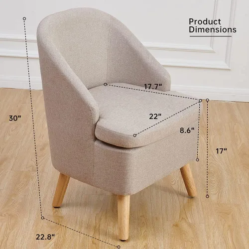 Vista 2 de Bonita silla tapizada color beige con estilo de barril, sofá individual redondo de tela similar al lino de algodón para patas de madera, sala