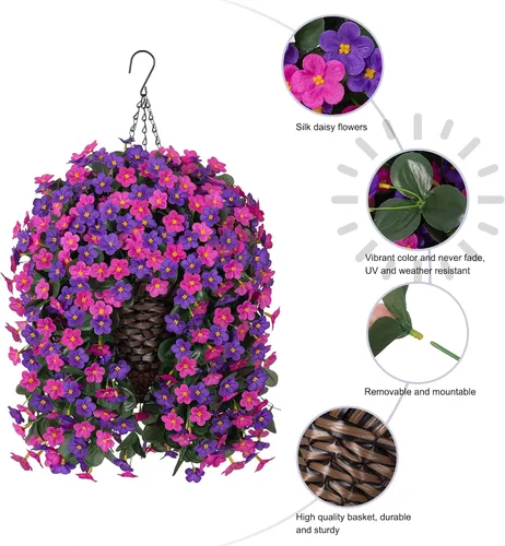 Vista 2 de Flores colgantes artificiales falsas con cesta para decoración al aire libre, resistentes a los rayos UV, flores de margaritas de seda sintética