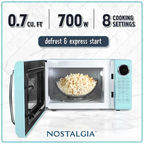Vista 74 de Nostalgia Horno microondas retro compacto para encimera, 0.7 pies cúbicos, 700 vatios con pantalla digital LED, bloqueo para niños, interior fácil