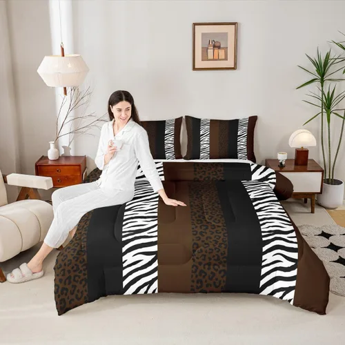 Vista 17 de Juego de edredón con estampado de leopardo para niños, tamaño individual, juego de ropa de cama de moda de piel de guepardo abstracto, decoración