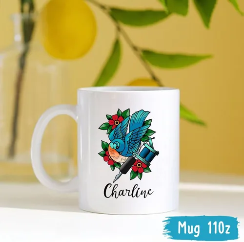 Vista 4 de Taza de artista de tatuaje floral, taza de café personalizada para tatuajes, taza de tatuaje personalizada con nombre regalo para amantes