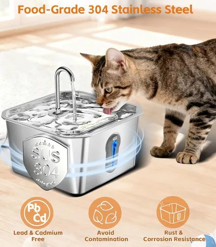 Vista 3 de Fuente de agua grande de acero inoxidable para gatos de 4 litros/135 onzas con 3 filtros, fuente de agua para mascotas, silenciosa, para interiores