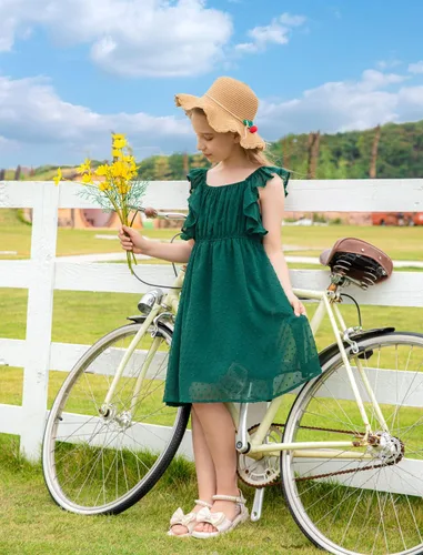 Vista 2 de EISHOPEER Vestidos para niñas de 5 a 13 años con mangas con volantes y lunares suizos, estilo casual, acampanado, vestido de fiesta estilo patinadora